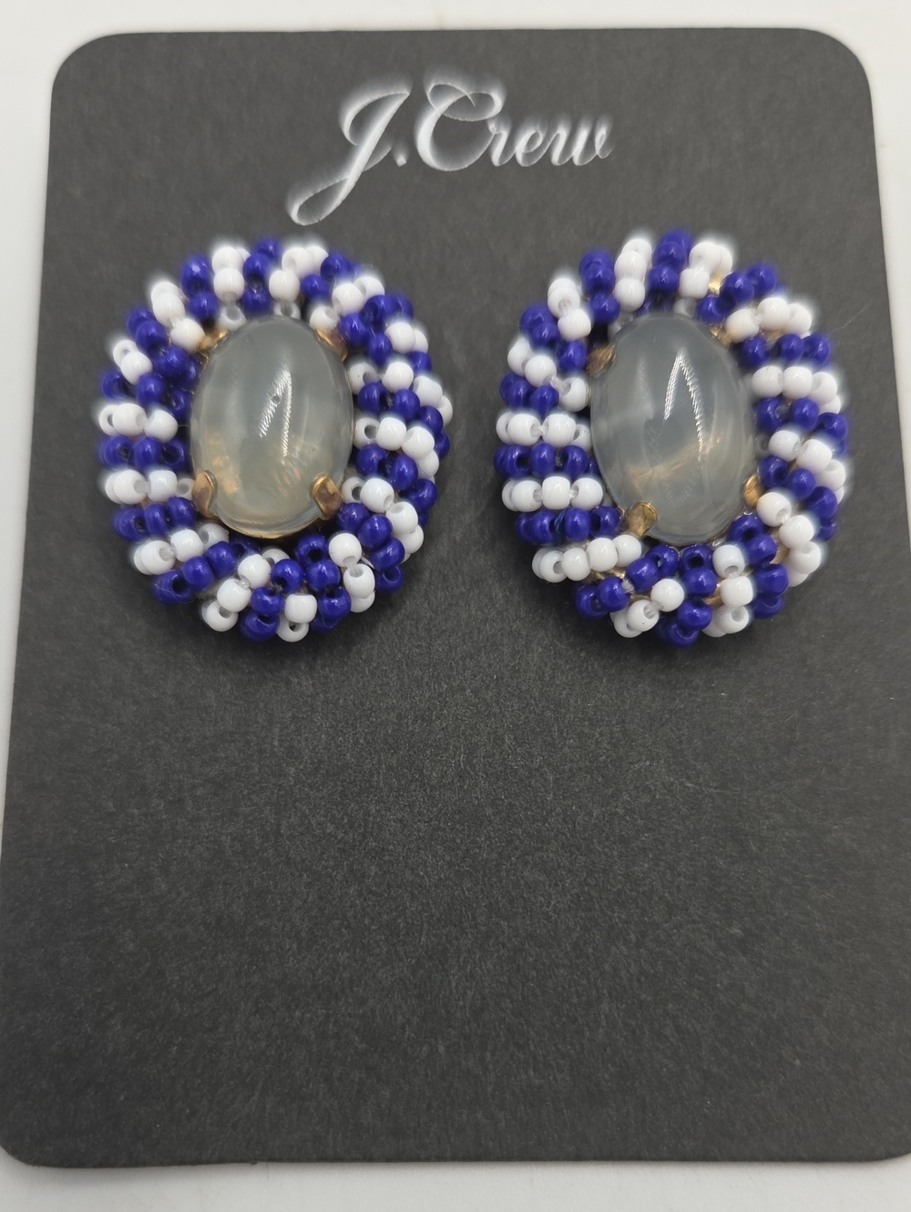J. Crew Blue & White Beaded Oval Earrings With Gray Center Stones